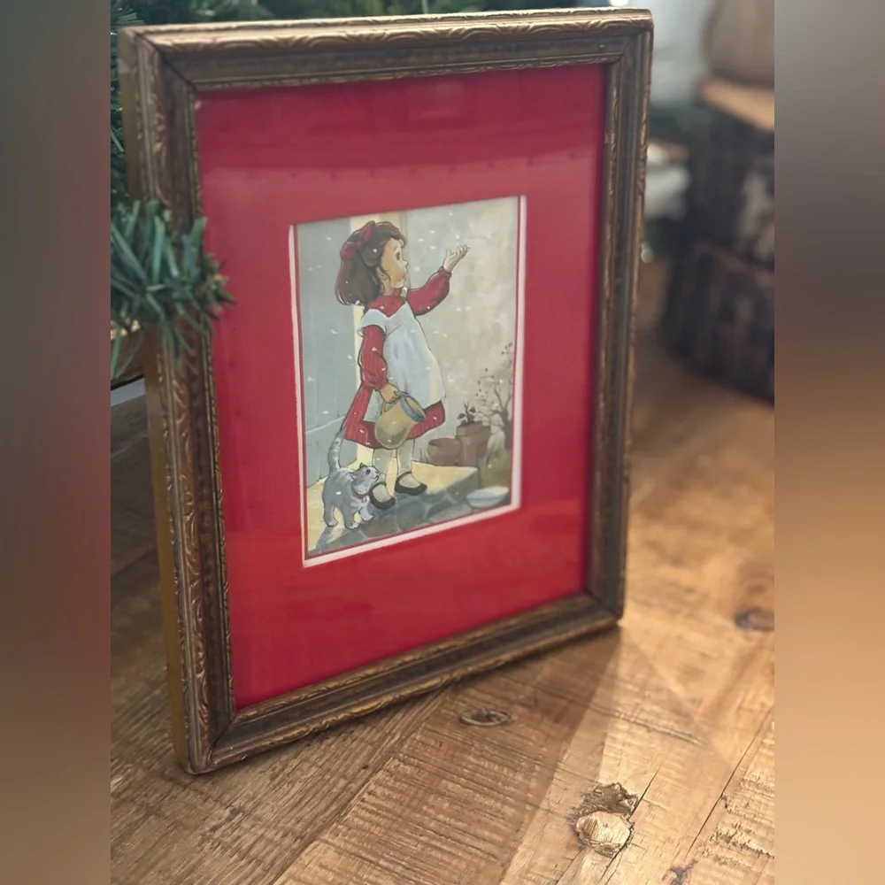 Vintage 8x10 Gold Frame + Red Velour Mat Picture. Cottage-core | Wall Art Decor